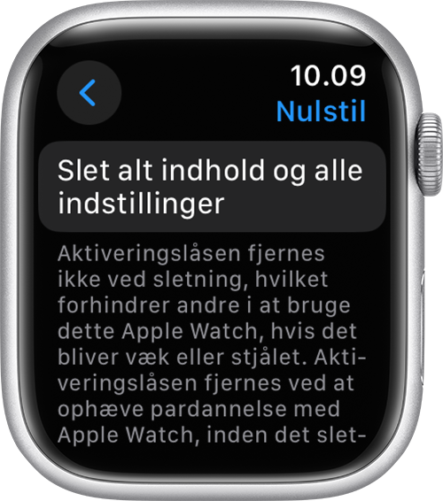 Apple Watch, der viser Slet alt indhold og alle indstillinger