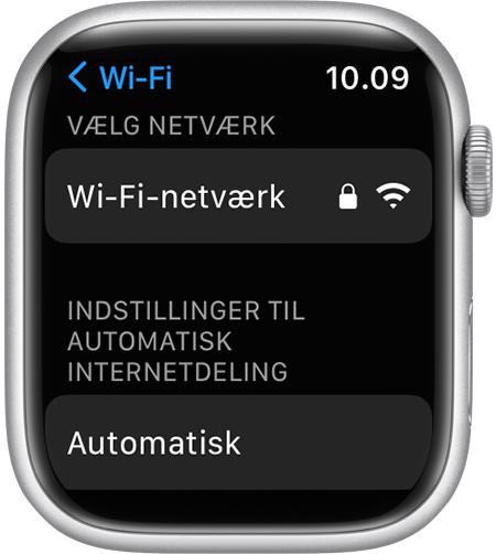Skærm med Wi-Fi-indstillinger på Apple Watch med visning af indstillingen Indstillinger til Automatisk internetdeling