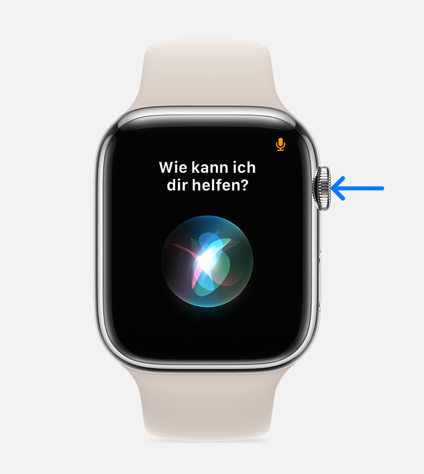 Pfeil, der auf die Digital Crown auf der Apple Watch zeigt.