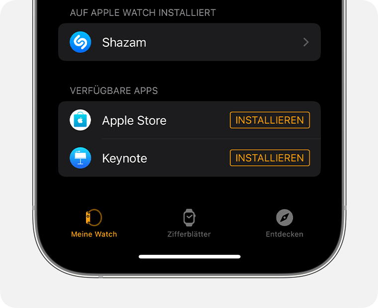 iPhone-Bildschirm mit der Watch-App 