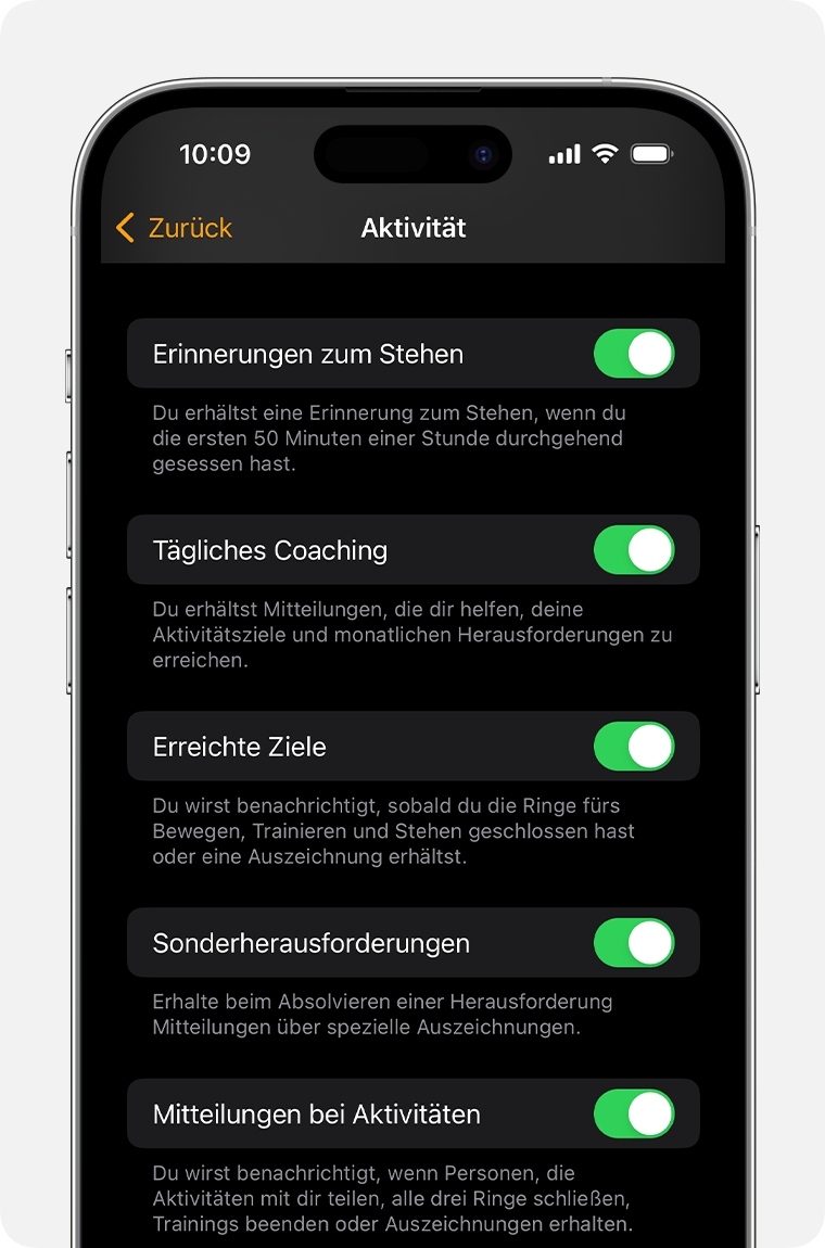 Ein iPhone-Bildschirm, auf dem die Optionen für Aktivitätsmitteilungen und -erinnerungen angezeigt werden
