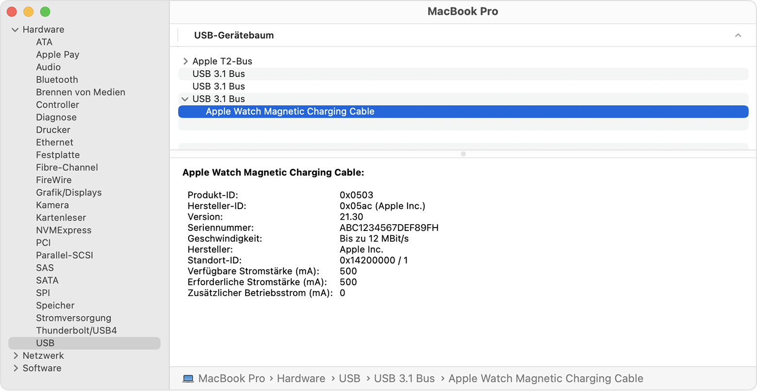 MacBook Pro-Systembericht mit Herstellerdetails zum magnetischen Ladekabel für die Apple Watch