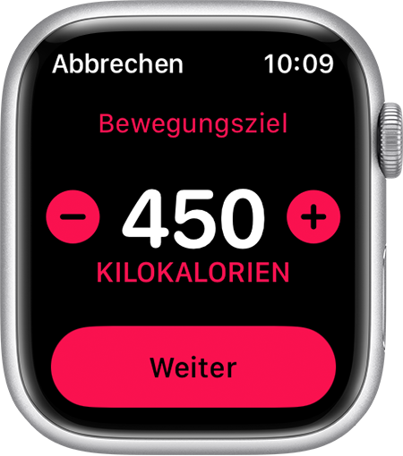 Auf der Apple Watch wird ein Bewegungsziel von 450 Kalorien eingestellt.
