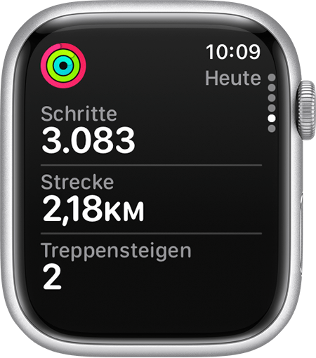 Aktuelle Werte für Schritte, Strecke und Treppensteigen in der Aktivität-App auf der Apple Watch.