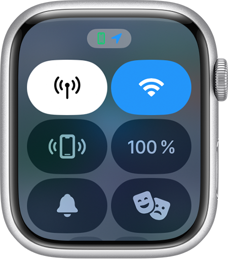 Apple Watch mit dem blauen Pfeilsymbol für den Standort auf dem oberen Bildschirmrand