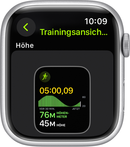 Apple Watch mit dem Messwert für die Höhe während eines Lauftrainings