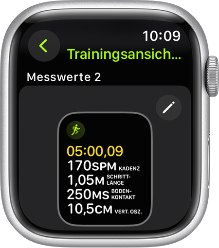 Eine Apple Watch, die während eines Laufs Laufleistungsmesswerte anzeigt.