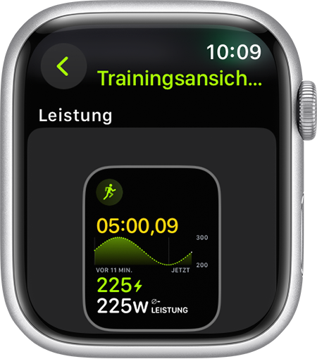 Apple Watch mit dem Messwert für die Laufleistung während eines Lauftrainings.
