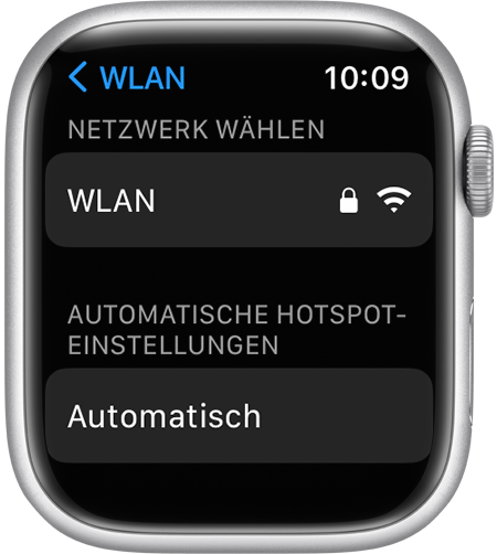 Bildschirm mit den WLAN-Einstellungen der Apple Watch mit der Option „Automatische Hotspot-Einstellungen“