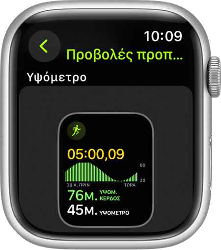 Apple Watch που εμφανίζει τη μέτρηση Υψόμετρο κατά τη διάρκεια μιας προπόνησης τρεξίματος.