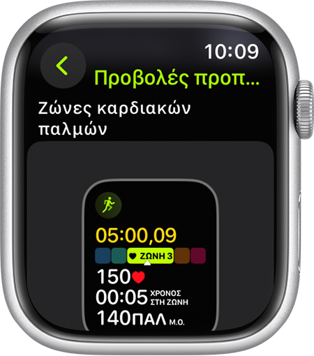 Apple Watch που εμφανίζει τη μέτρηση Ζώνες καρδιακών παλμών κατά τη διάρκεια μιας προπόνησης τρεξίματος.
