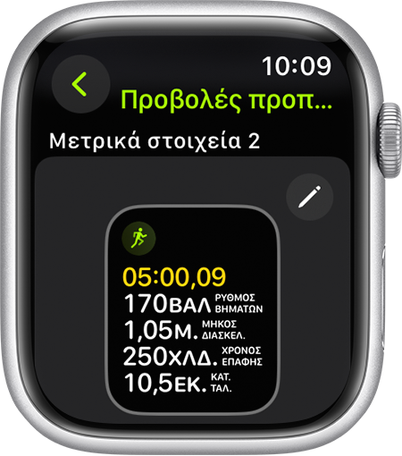 Ένα Apple Watch που εμφανίζει μετρήσεις μορφής τρεξίματος κατά τη διάρκεια μιας προπόνησης τρεξίματος.