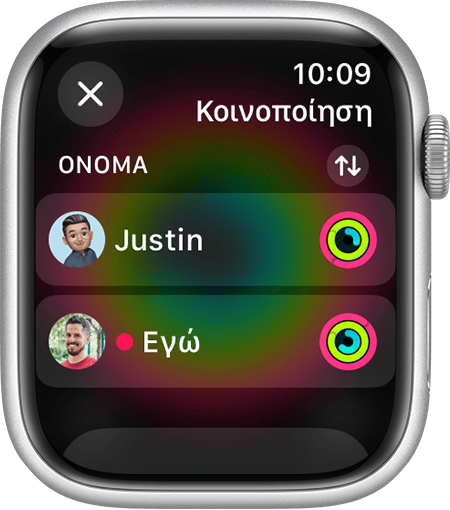 Οθόνη Apple Watch στην οποία φαίνονται φίλοι που μοιράζονται τη δραστηριότητά τους