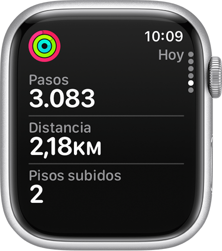 Información actualizada de los pasos, la distancia y los pisos subidos en la app Actividad del Apple Watch.