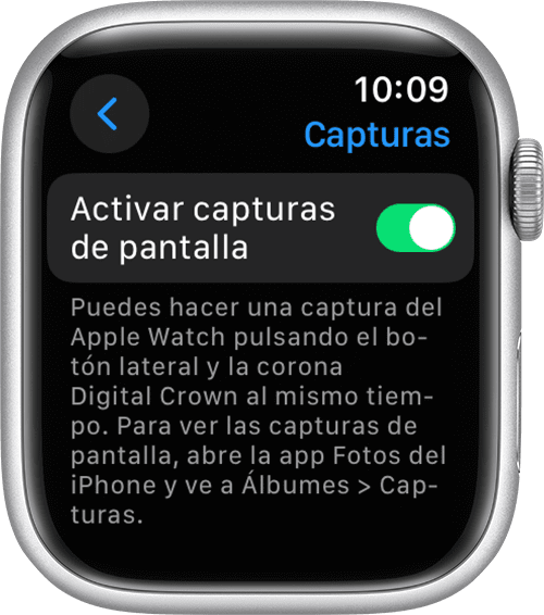 Activar la configuración de capturas de pantalla en la app Ajustes del Apple Watch