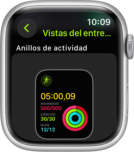 Un Apple Watch que muestra el progreso de los anillos de actividad durante una carrera.