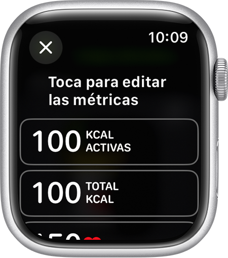 Las métricas que se pueden editar en una vista de entreno en un Apple Watch.
