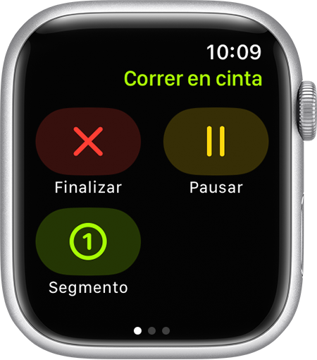 Las opciones de Finalizar, Pausa y Segmento durante un entrenamiento de Correr en cinta en el Apple Watch.