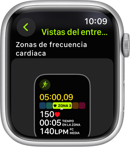 Un Apple Watch que muestra la métrica Zona de frecuencia cardiaca durante una carrera.