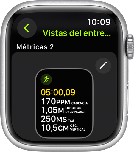 Un Apple Watch que muestra los indicadores de ejecución durante una carrera.