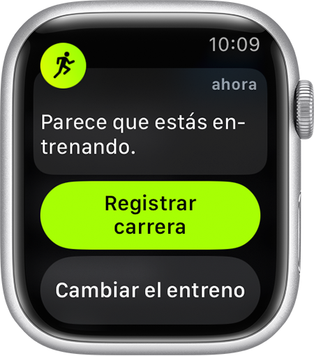 Un recordatorio para comenzar a registrar un entrenamiento de Correr al aire libre en un Apple Watch.