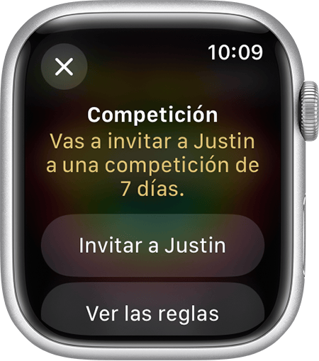 Pantalla del Apple Watch que muestra cómo enviar una invitación para comenzar una competición