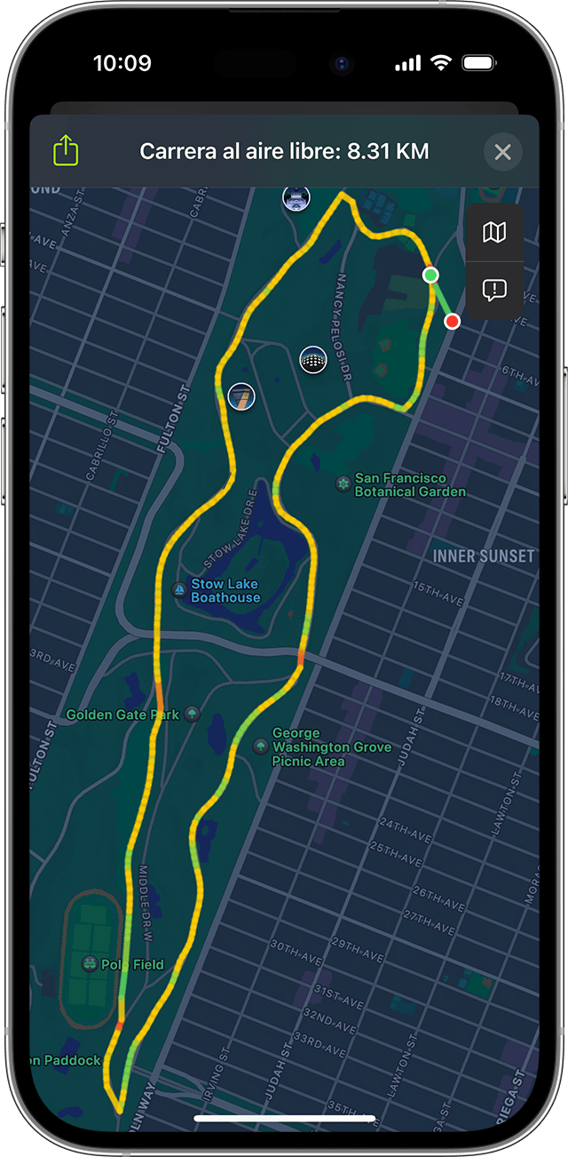 Un mapa de un entrenamiento de Carrera al aire libre en el iPhone.