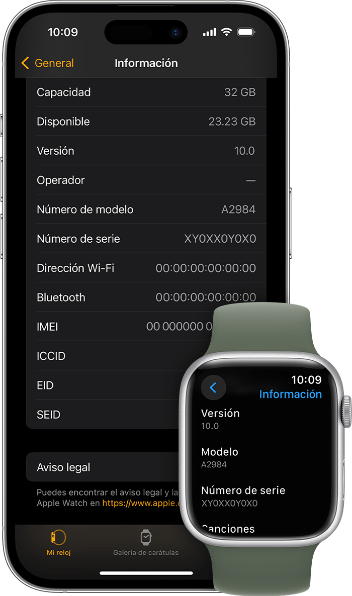 Un iPhone y un Apple Watch en los que se muestran la pantalla Acerca de y el número de serie