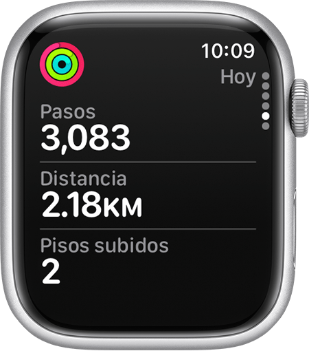 Los pasos, la distancia y las escaleras subidas actuales en la app Actividad del Apple Watch.