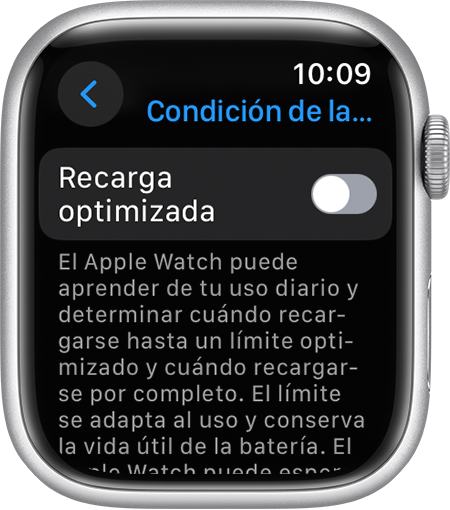 La Recarga optimizada en la app Configuración del Apple Watch.