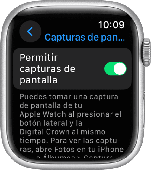 Configuración Permitir capturas de pantalla en la app Configuración del Apple Watch