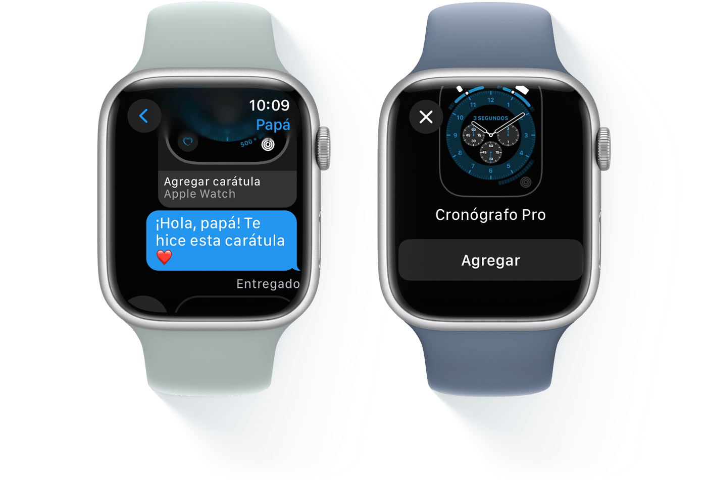 Dos Apple Watch, uno en el que se muestra una conversación por mensaje de texto y el otro en el que se muestra la carátula Cronógrafo Pro