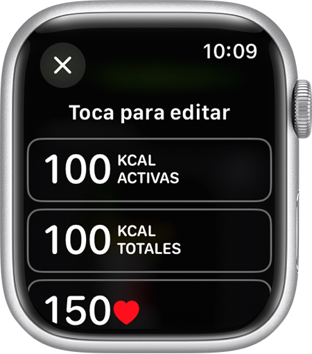 Las métricas disponibles para editar en una vista de entrenamiento en el Apple Watch.