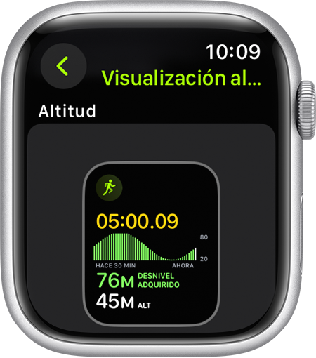 Un Apple Watch en el que se muestra la métrica Desnivel durante una carrera.