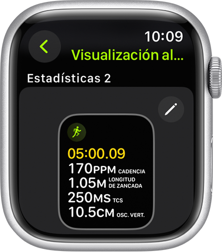 Un Apple Watch en el que se muestran las métricas para diferentes formas de correr durante una carrera.