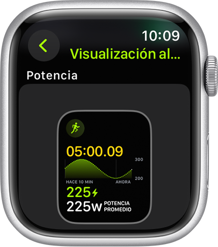 Un Apple Watch en el que se muestra la métrica de entrenamiento Potencia al correr durante una carrera.