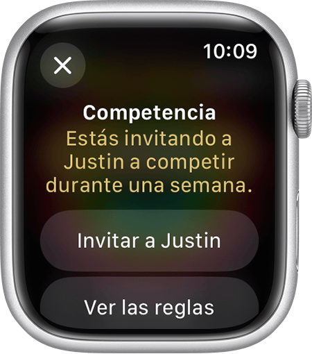 Pantalla del Apple Watch en la que se muestra cómo enviar una invitación para comenzar una competencia