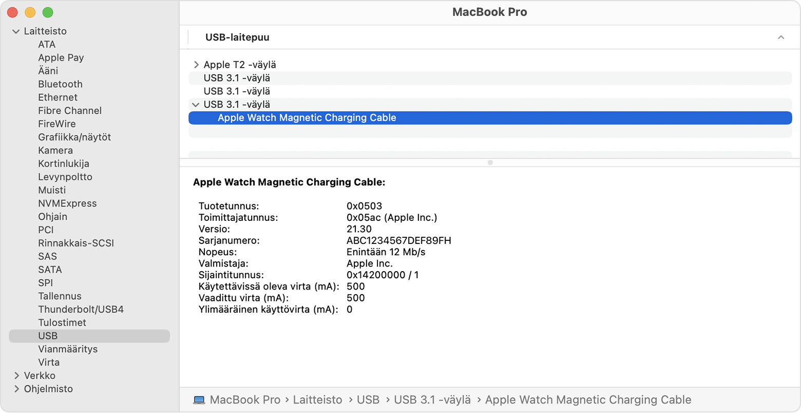 MacBook Pron Järjestelmäraportissa näkyy Apple Watchin magneettisen latauskaapelin valmistajan tiedot