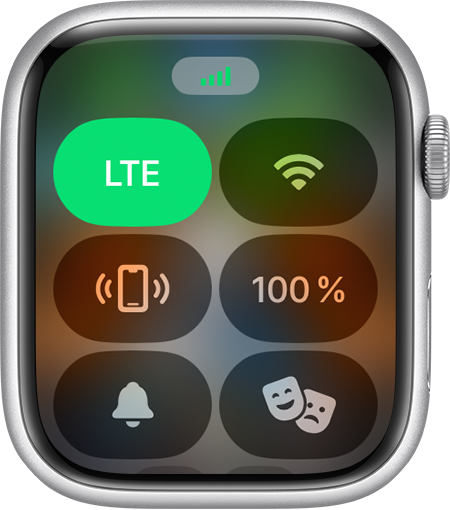 Apple Watch, jonka näytön ylälaidassa näkyvät mobiiliverkon signaalinvoimakkuuden palkit