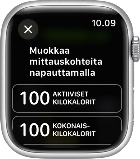 Apple Watchin treeninäkymän käytettävissä olevat mittarit.