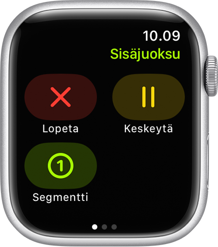 Apple Watchin valinnat (Lopeta, Keskeytä ja Segmentti) sisäjuoksutreenin aikana.