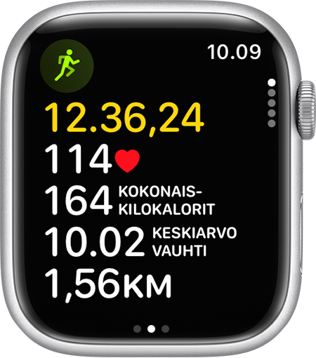 Juoksutreenin edistyminen Apple Watchissa.