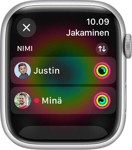 Apple Watch screen displaying friends who are sharing their activity