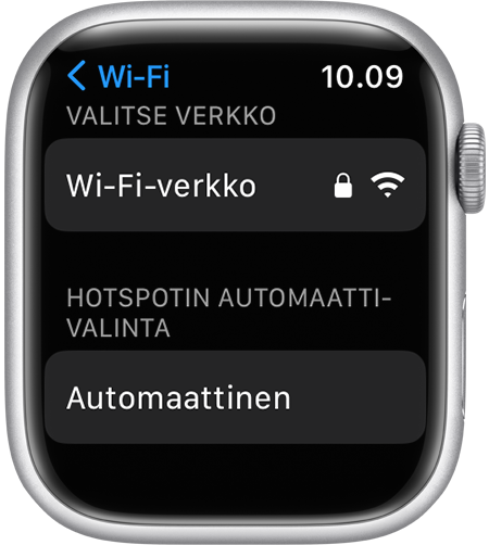 Apple Watchin Wi-Fi-asetusnäyttö, jossa näkyy Hotspotin automaattivalinta -asetus