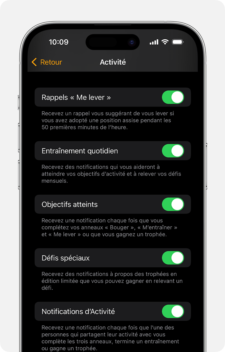 Un écran d’iPhone affichant les options de notifications d’activité et de rappels