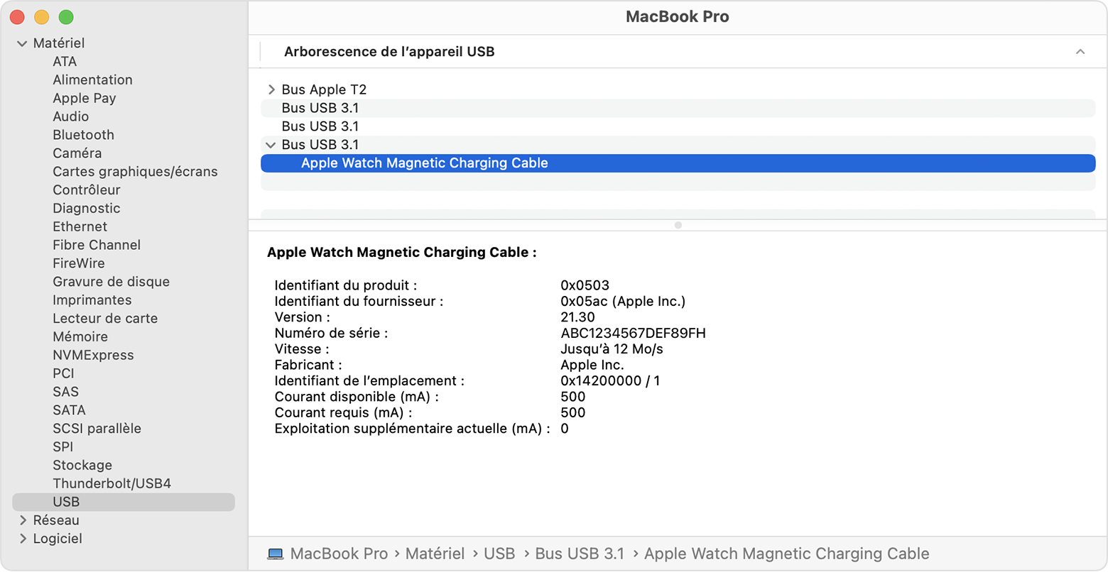 Rapport système de MacBook Pro affichant les informations concernant le fabricant du câble de recharge magnétique pour Apple Watch