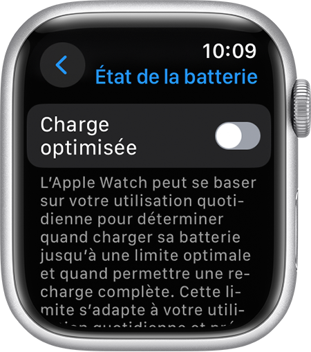 Option Charge optimisée dans l’app Réglages sur Apple Watch.