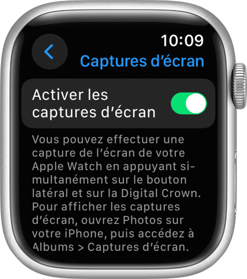 Activez le réglage Captures d’écran dans l’app Réglages de l’Apple Watch