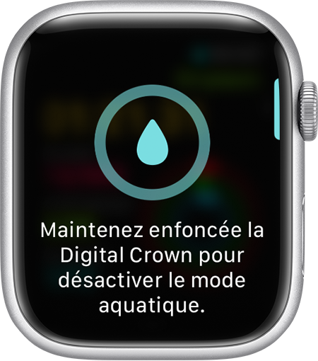 Invite de désactivation du mode aquatique sur l’écran de l’Apple Watch