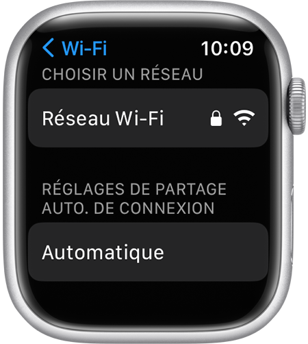 Écran des réglages Wi-Fi de l’Apple Watch affichant l’option Réglages de partage de connexion automatique